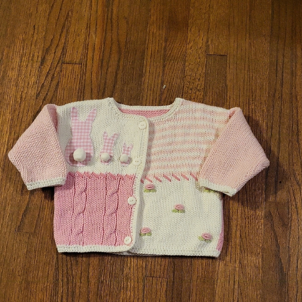 Hand-Knit Pink and White Baby Cardigan